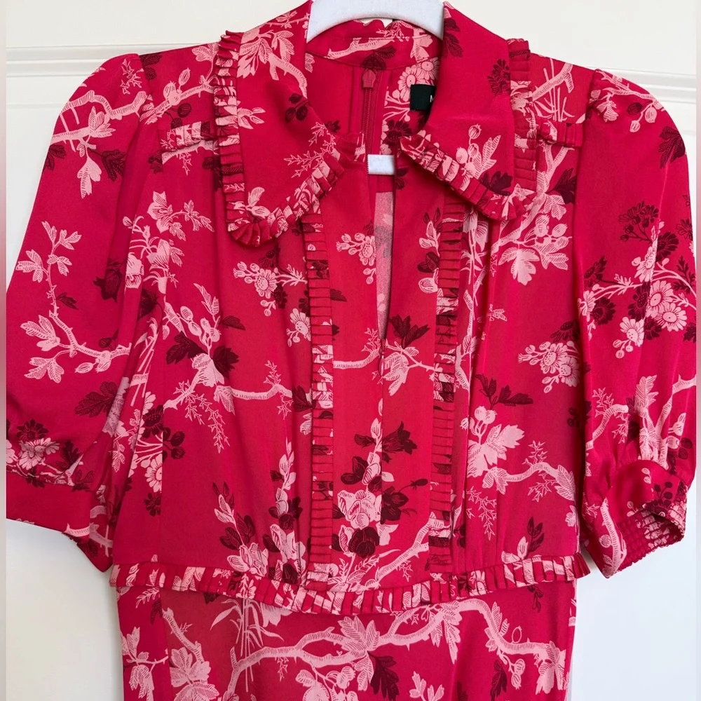 ME+EM 2 Modern Botanical Print Midi Dress Raspberry Red EUC Floral Short Sleeve - Picture 9 of 16